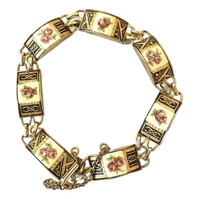 Rose Design Painted Enamel & Gold Tone Bracelet