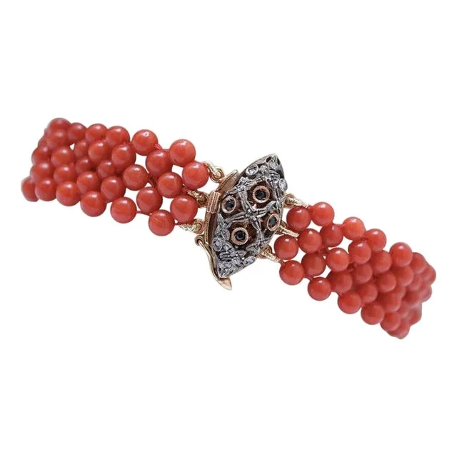 Rose Gold and Silver Bracelet with Coral, Sapphires and Diamonds