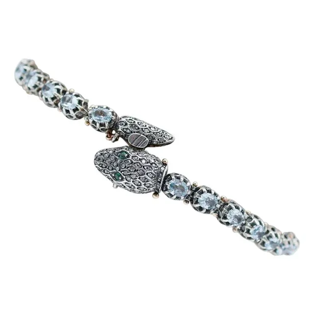 Rose Gold and Silver Snake Bracelet with Diamonds, Topaz and Tsavorite