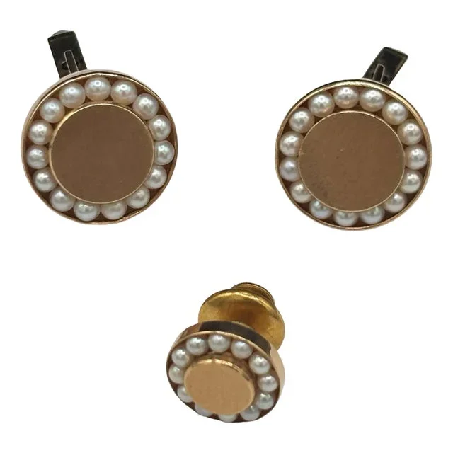 Round 14-Karat Gold & Pearl Bullet Back Clasp Cufflinks With Lapel Pin