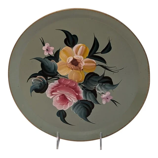 Round 1950s Vintage Spring Green Tole Ware Tray