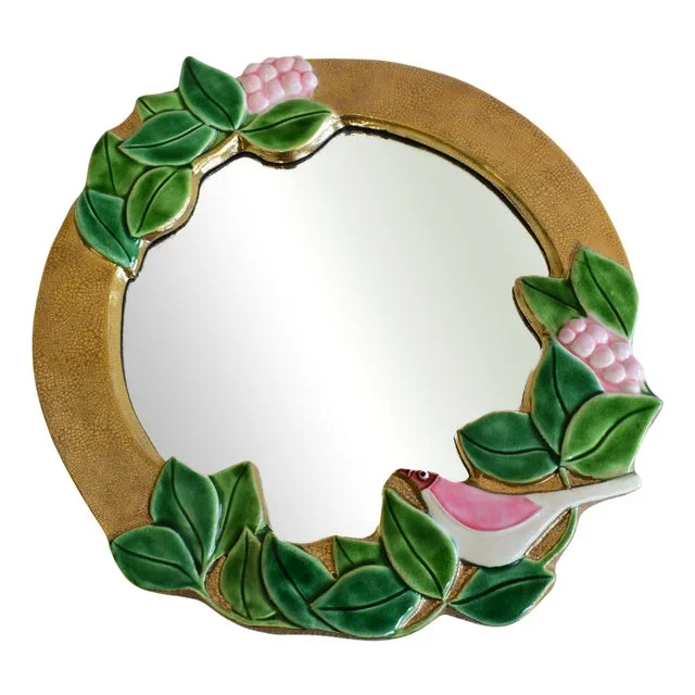 Round Gold Ceramic Wall Mirror by Mithé Espelt, 1960s