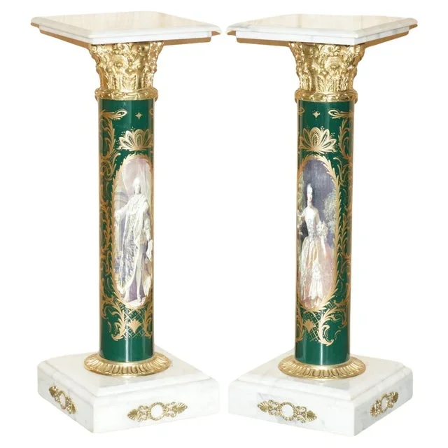 Royal Italian Carrara Marble and Enamel Painted Brass Pillars, Set of 2