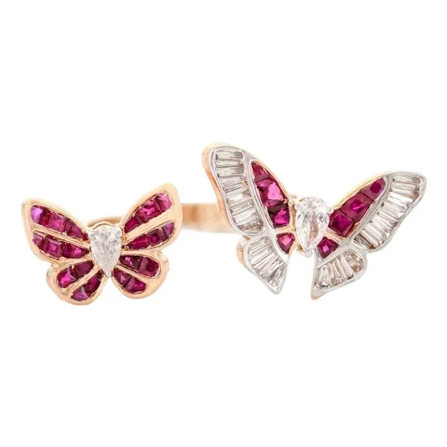 Ruby & Diamond Twin Butterfly Open Cuff Ring Size 6.5