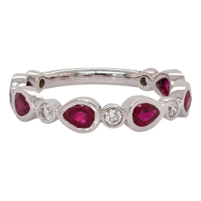 Ruby Band With Natural Diamond Accents in Solid 14k Gold | Six Pear Shape Ruby, Size 6.75