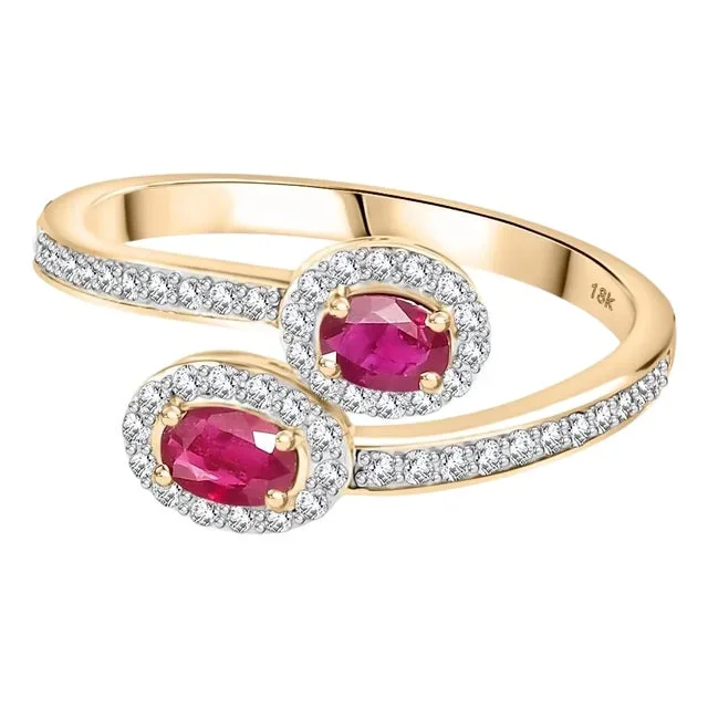 Ruby Diamond Bypass Ring 18k Yellow Gold Size 5.5