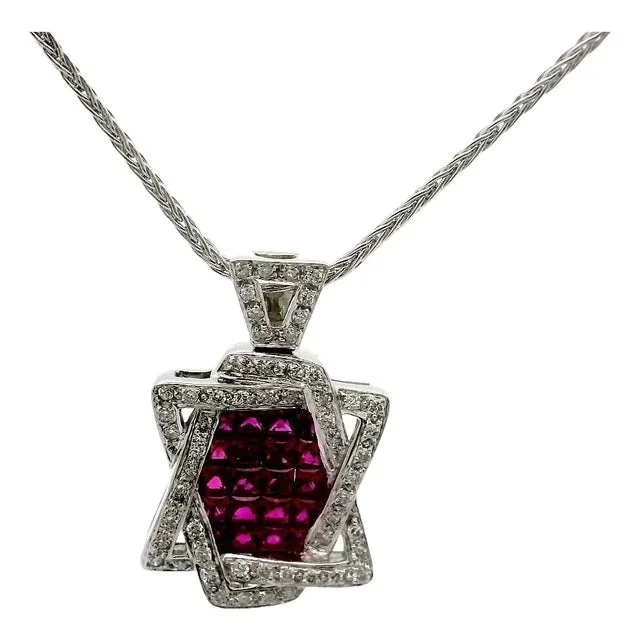 Ruby Diamond Star of David 18k White Gold Pendant