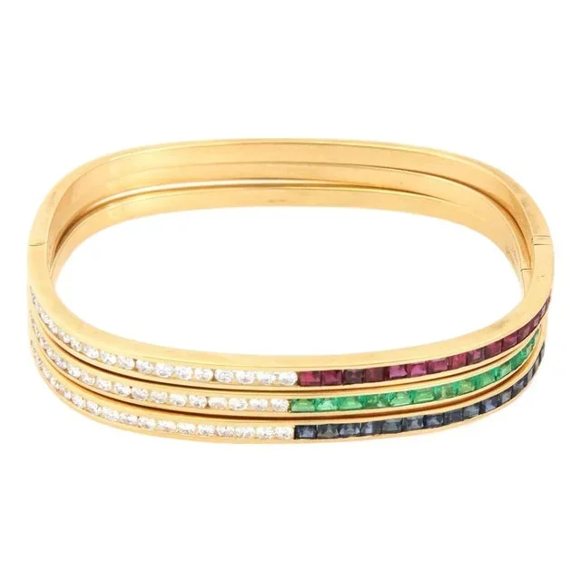 Ruby Emerald Sapphire 18k Gold Diamond Bracelet Set Bangles