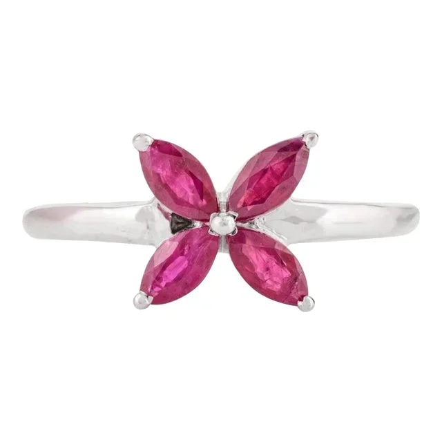 Ruby Flower Ring With Marquise Cut Ruby Set in 14k Solid White Gold Size 7