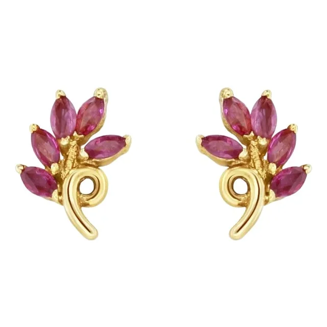 Ruby Marquise Leaf Style Studs 14k Yellow Gold, 2 Pieces