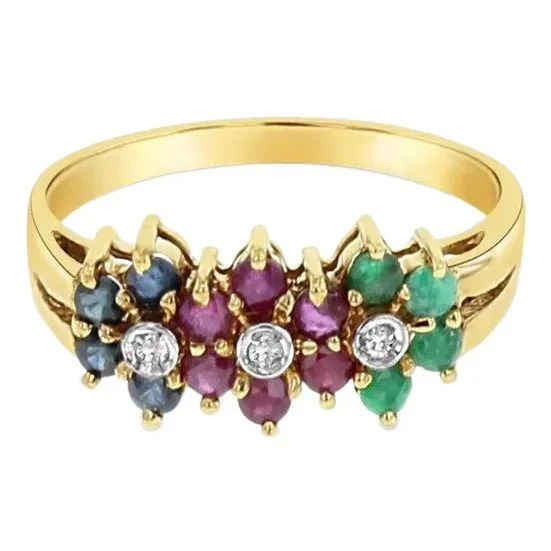 Ruby, Sapphire, Emerald Flower Shaped Ring 14k Yellow Gold, Size 9