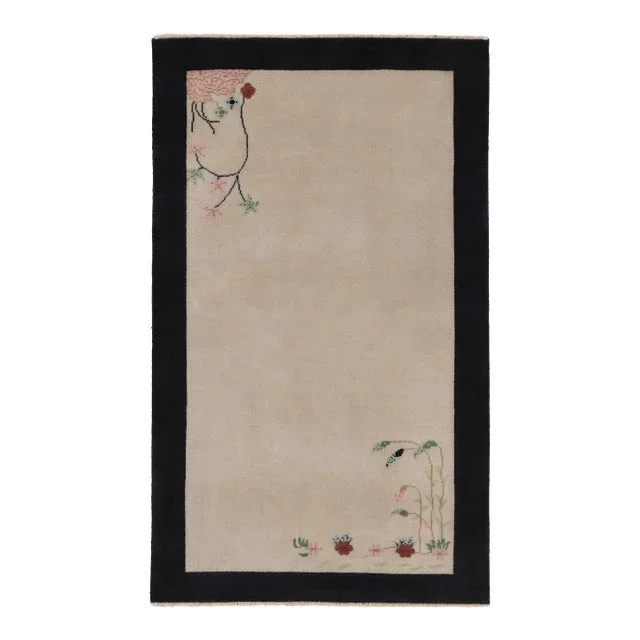 Rug & Kilim’s Chinese Art Deco Style Rug, White Open Field With Floral Pattern