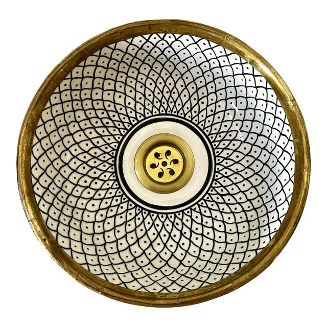 Rustic Ceramic Brass Rimmed Sink for Bathroom With Brass Drain