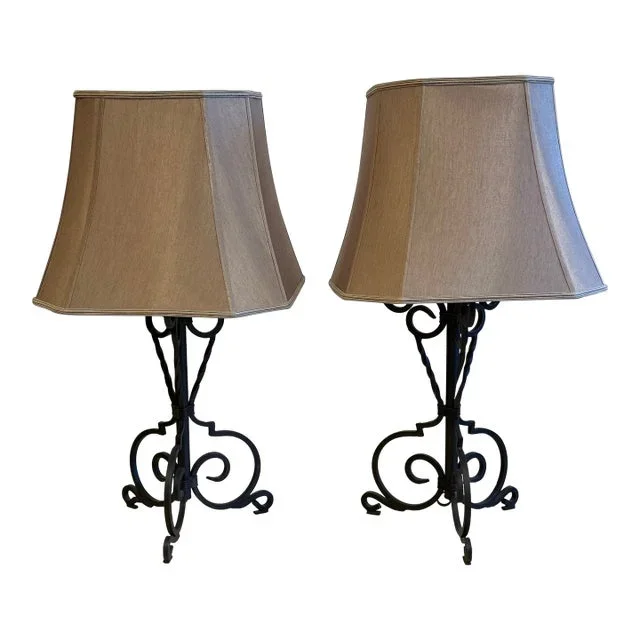 Rustic European Forged Iron Table Lamps, Pair