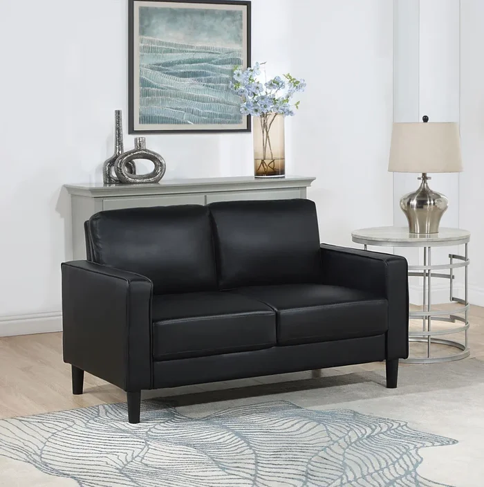 Ruth Black Upholstered Track Arm Faux Leather Loveseat