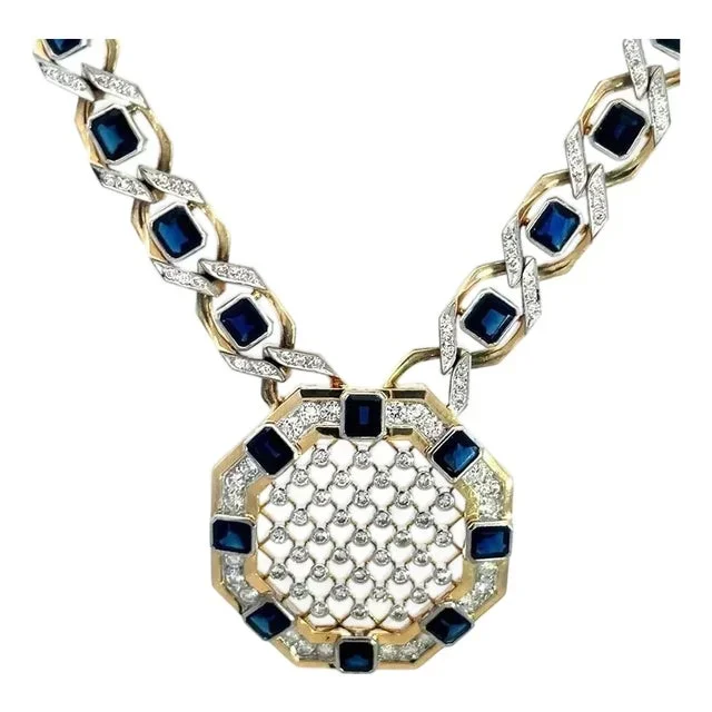 Sapphire Diamond Gold Necklace 14k Two Tone 19ct Octagon Pendant
