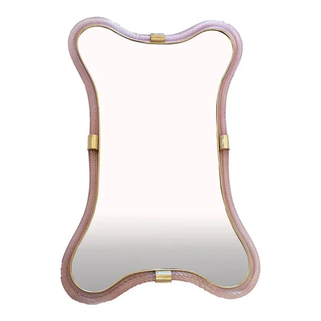 Scenographic Pink and Gold Mirror With Torchon Murano Style Glass Design by Simoeng