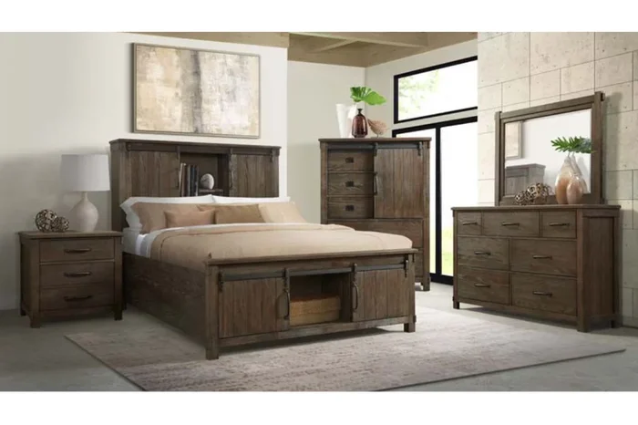 Scott Storage Bed, Dresser, Mirror & Nightstand in Walnut, Eastern King