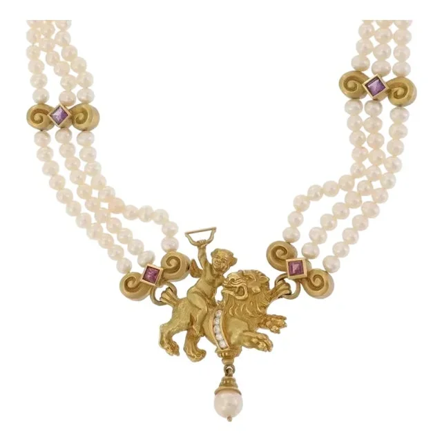 Seidengang Diamond Gems & Pearls 18k Gold Cupid On Lion 3 Strand Necklace