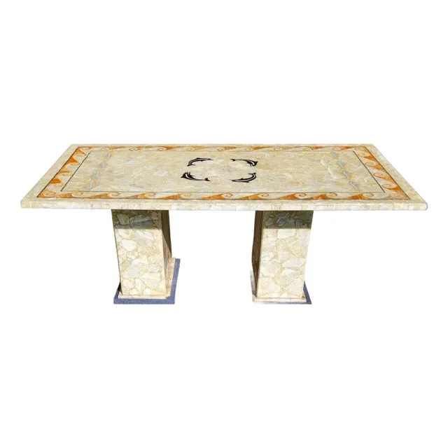 Semi Precious Stone Dining Table Inlaid Orcas Fish Custom Made