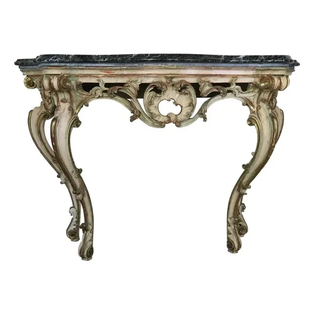 Serpentine Shaped Painted and Parcel-Gilt Console With Marble Top, Circa 1930
