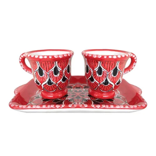 Service for two coffee cups Peacock red