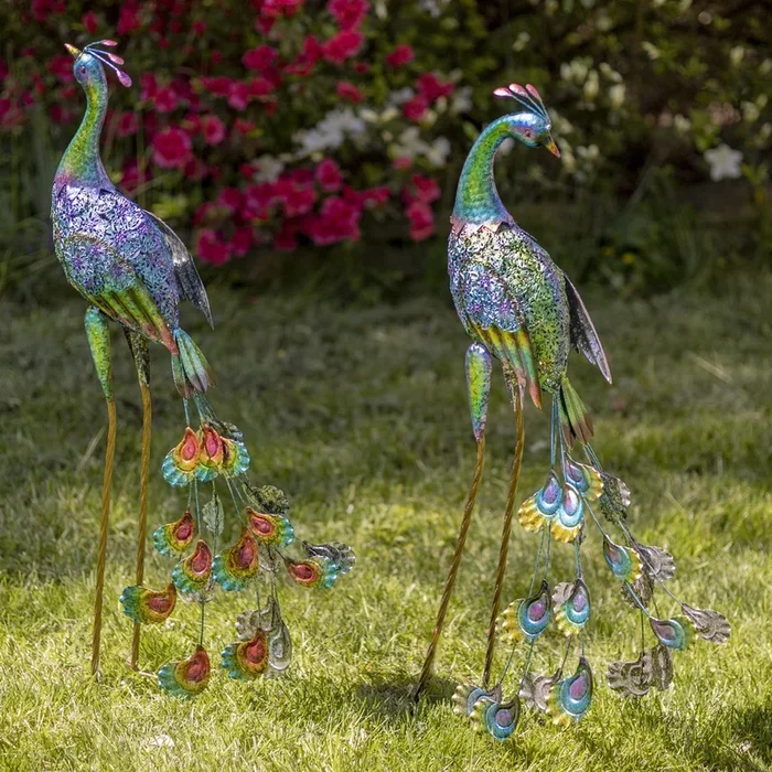 Set of 2 35″ Standing Colorful Iron Peacocks