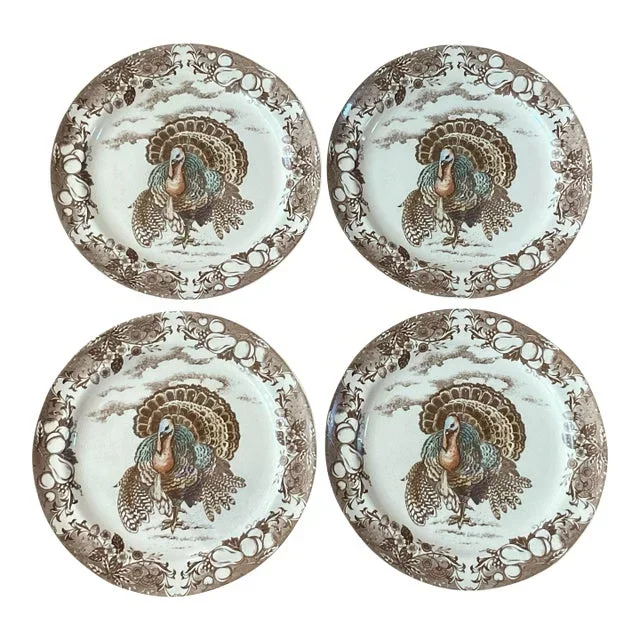 Set of 4 Pottery Barn Traditional Turkey Stoneware Dinner Plates