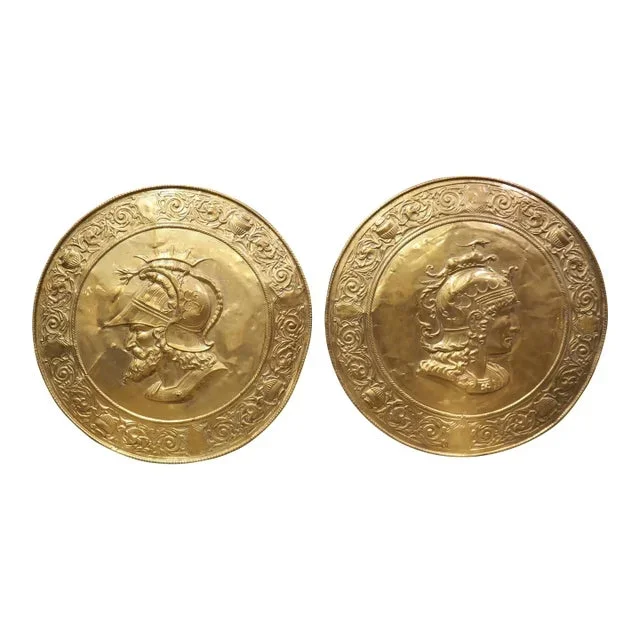 Set of Large 19th Century French Gilded Copper Repousse Chargers of Mars and Minerva