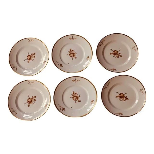 Set of Six Royal Copenhagen “Brown Rose” Dinner Plates – Hand-Painted Porcelain With Gilt Accents
