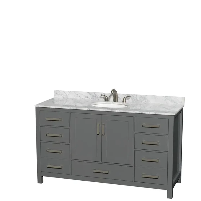 Sheffield 60 Inch Single Bathroom Vanity In Dark Gray, White Carrara Marble Countertop, Undermount Oval Sink, And No Mirror