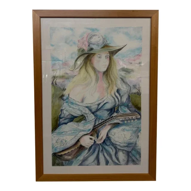 Sheldon C. Schoneberg “Woman With Lute” Original Pastel, Framed