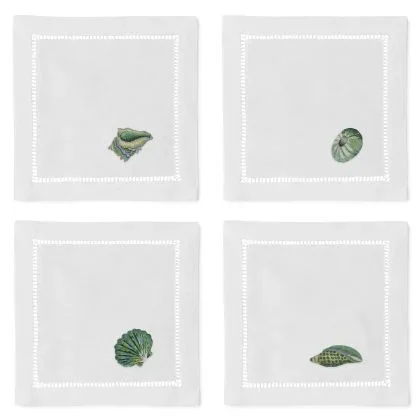 Shell Teal Mixed Cocktail Napkin Set by Henry Handwork