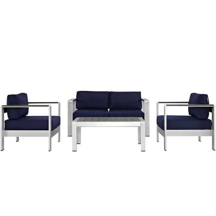 Shore 4 Piece Outdoor Patio Aluminum Sectional Sofa Set in Silver Navy-1