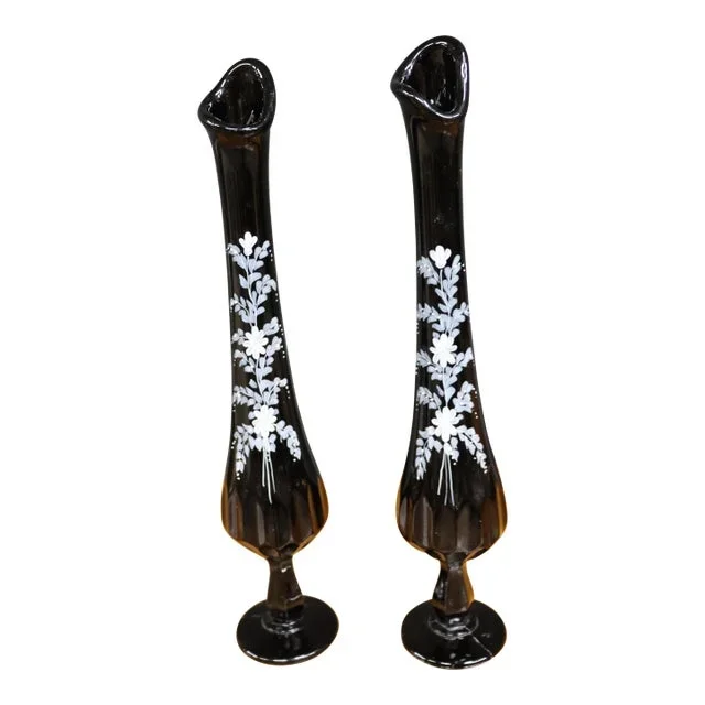 Signed Fenton Black Amethyst Swung Vase/Pair