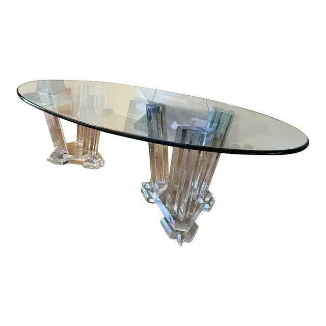 Signed Monumental 2 1/2 Thick Lucite Dining Tables Bases With Oval Glass