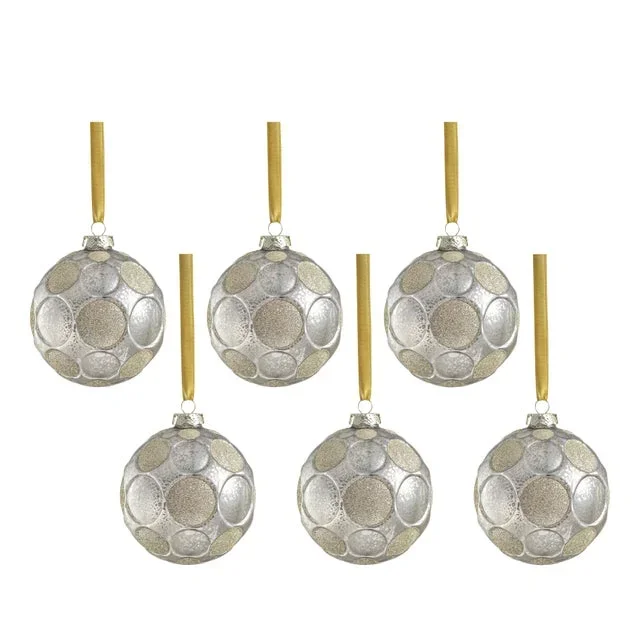 Silver Matte Frosted Serenity Glass Ball Ornaments with Gold Glitter – Set of 6, 4″