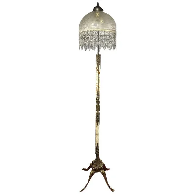 Single Brass Onyx Beads Glass Shade Floor Lamp from Unbekannt, 1950s