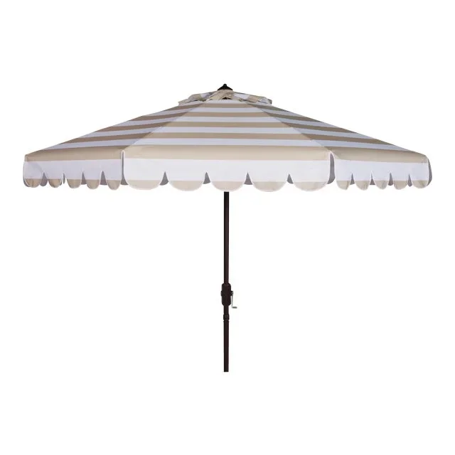 Single Scallop Stripe 9 Ft Crank Push Button Tilt Umbrella in Beige & White
