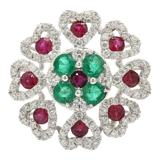 Solid 14k Gold Ruby Emerald and Pave Set Diamond Bohemian Chic Flower Ring Size 8.5