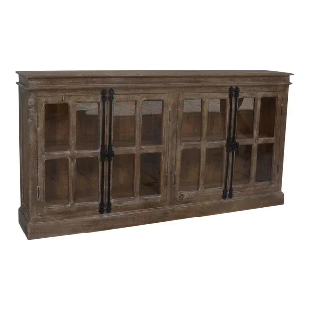 Solid Mango Wood Glass Fronted Cabinet With Dark Gray Sandblasted Finish.