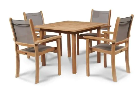 Solid Teak Wood Outdoor Birmingham Square Dining Table with Pearl Chairs