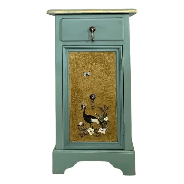 Solid Wood Parcel Gilt Chinoiserie Bedside Table