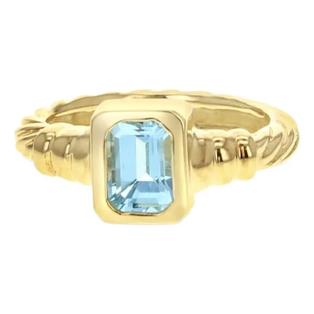 Solitaire Emerald Cut Blue Topaz Ring with Rope Band, Size 8