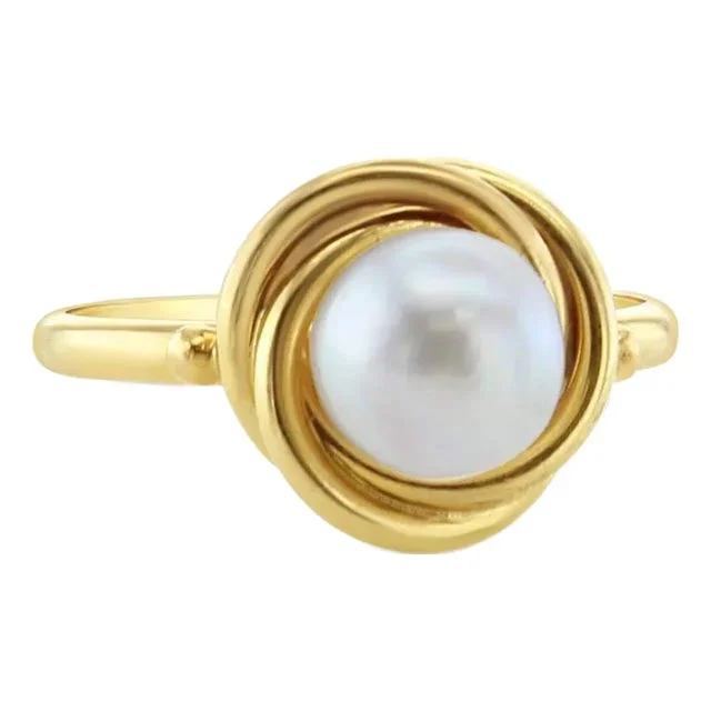 Solitaire Pearl Ring with Rope Design 14k Yellow Gold, Size 5.5
