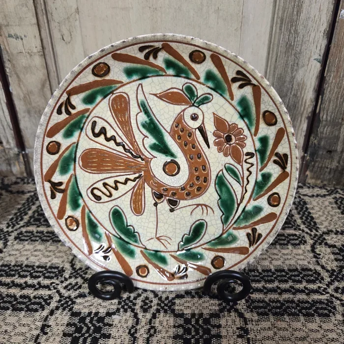 Speckled Bird and Flower Redware Plate
