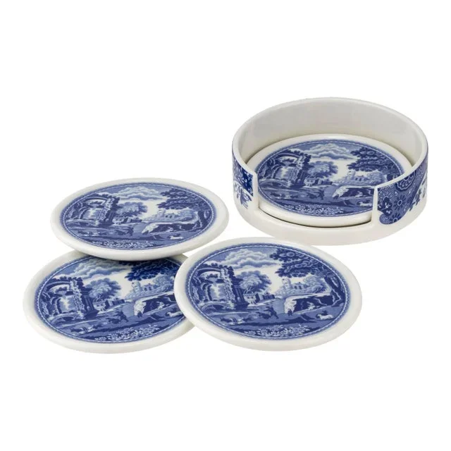 Spode Blue Italian Ceramic Coasters 4-Piece Set with Holder