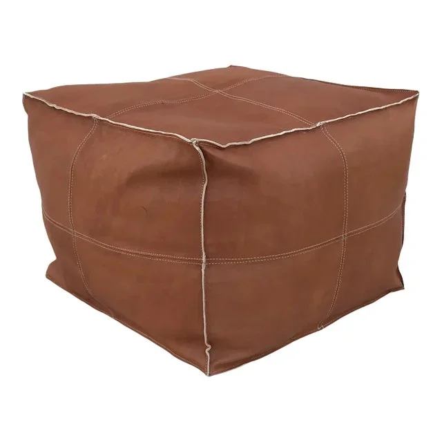 Square Brown Leather Handmade Moroccan Pouf