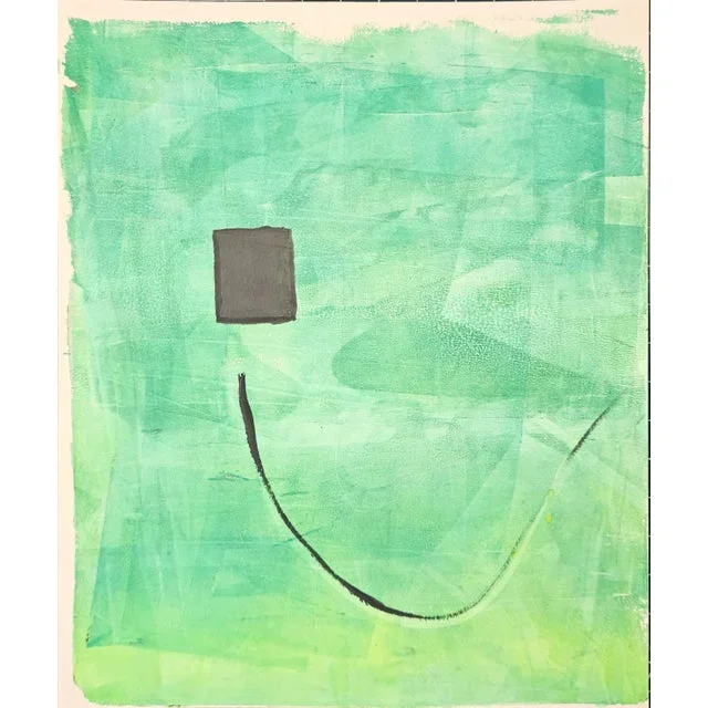 Square Smile Monoprint Original Art by Carrie Bergey – Green Black Yellow
