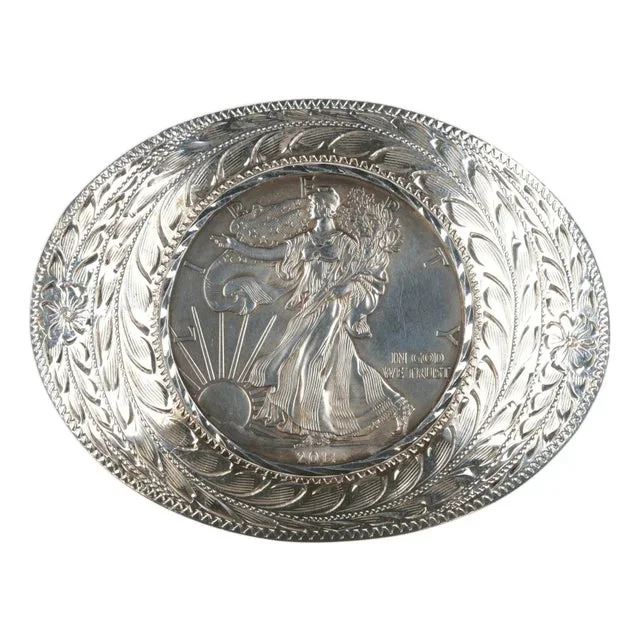 Sterling Frontier Silver Reno Nevada Hand engraved buckle with 2011 Silver dollar